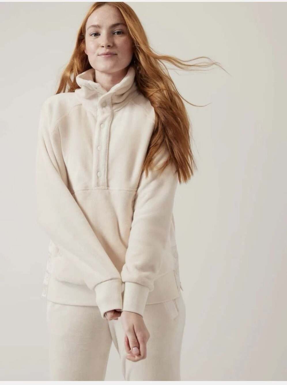Athleta Recover Cozy Snap Front Fleece Pullover Chantilly Cream XL EUC
